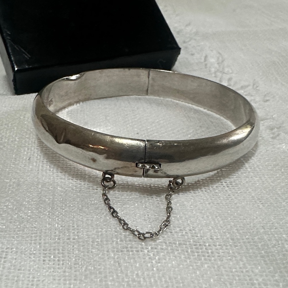 Sterling Silver Hinged Bangle Bracelet with Safety Chain